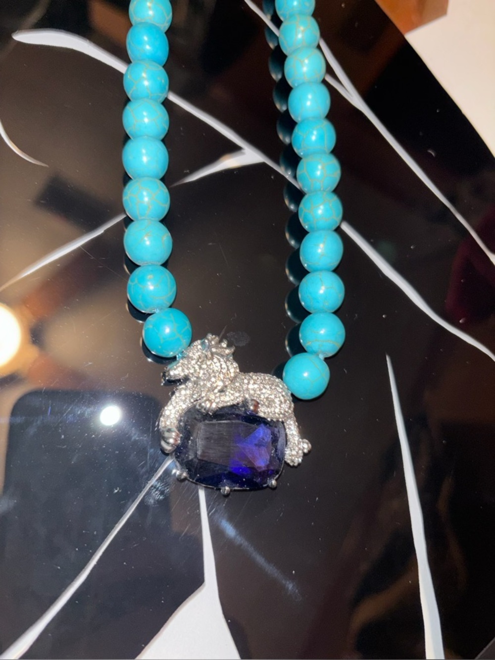 Vintage Turquoise Bead Necklace with Purple Crystal Lion Pendant